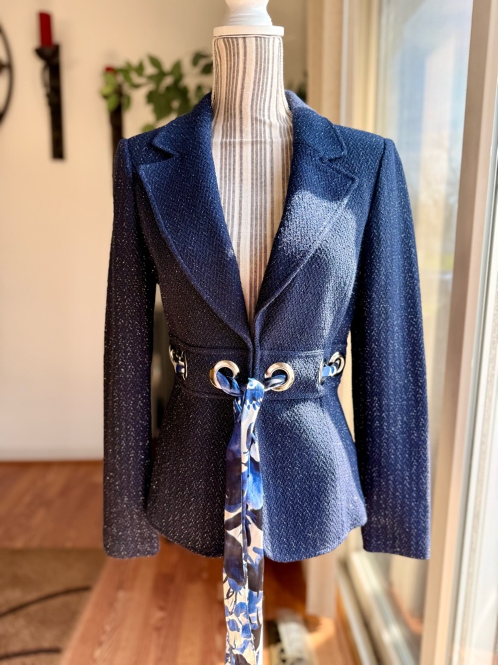St. John Navy Blazer with Eyelet Belt and Floral Tie